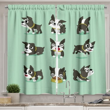 Ambesonne Boston Terrier Kitchen Curtains, Playful Cartoon Dog, 55"x39", Charcoal Grey Mint Green