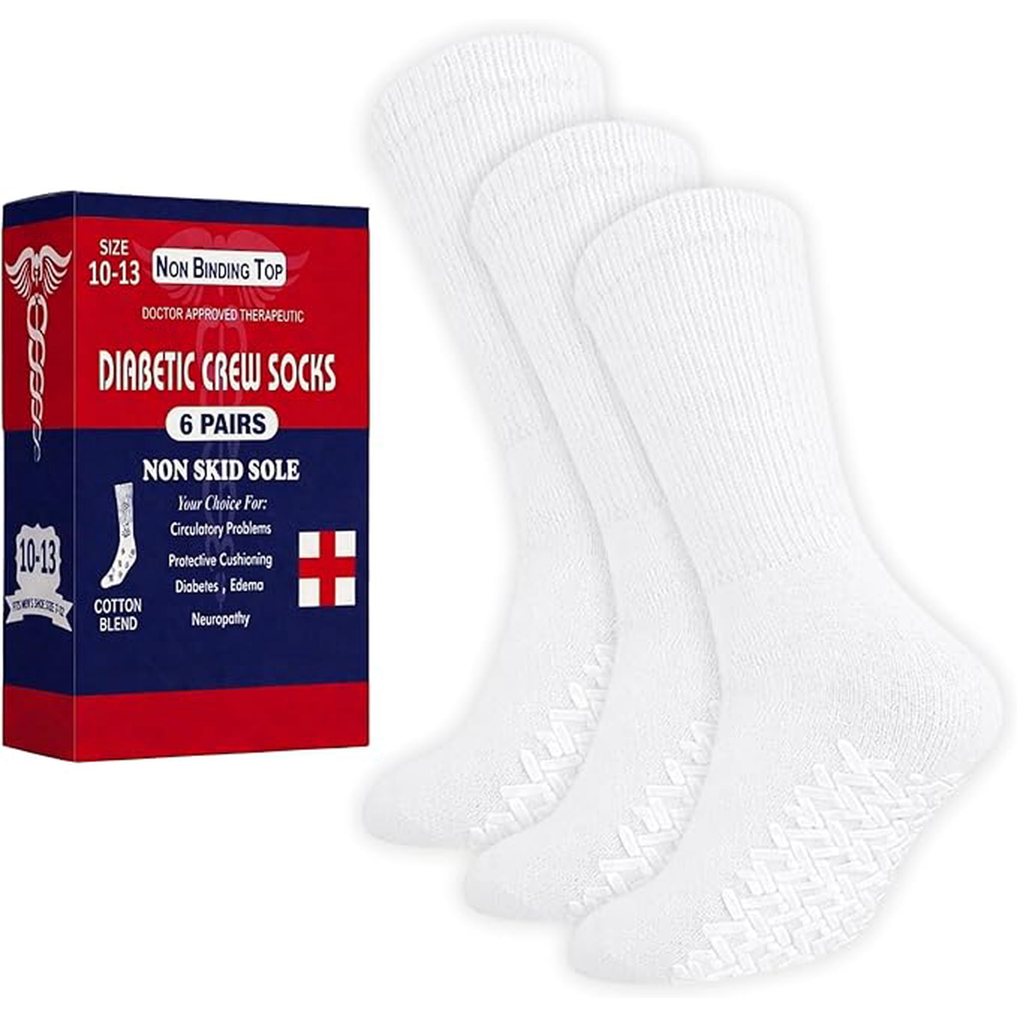 Diamond Star Unisex Diabetic Loose Top Therapeutic Anti Slip-Non Skid Gripper Soft Cotton Full Cushioned Crew Socks (White- 12 Pairs, Socks Size 9-11, Fit Women's Shoe Size 5-10)