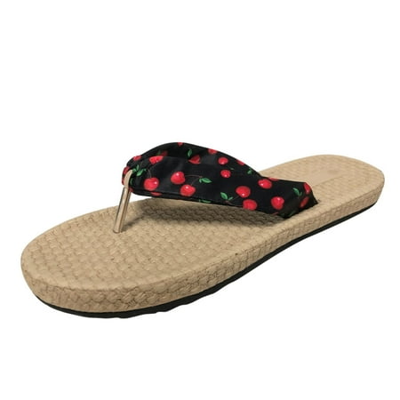 

Straw Slippers for Women Fashion Spring and Summer Women Slippers Straw Espadrille Fruit Pattern Sandals Flip Flops Beach Flat Bottom Black
