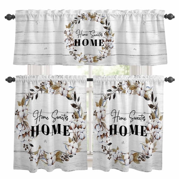 Farmhouse Wreath Kitchen Curtains Sets for Windows 36 Inch Length, Sweet Home Rustic Plants Texture Grey Wood Rod Pocket Window Treatments Tier Curtains and Valances Set for Bedroom/Bathroom