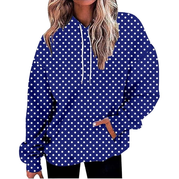 Women's Polka Dot Print Drawstring Hooded Sweatshirt with Pocket, Soft Breathable Long Sleeve Casual Pullover for Spring Autumn Streetwear, Beach Vacations and Daily Fashion Blue L