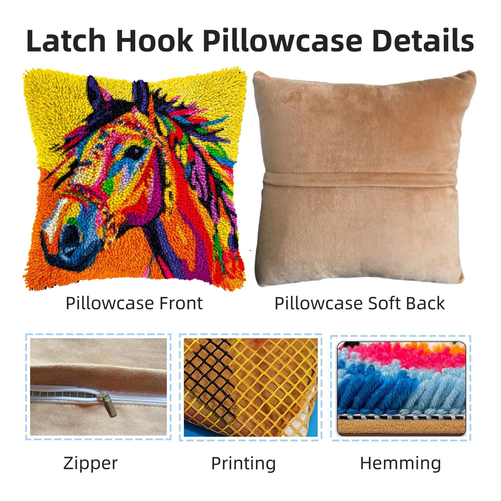 Colorful War Horse DIY Latch Hook Pillow Kits for Adults Printed Pillowcase Crochet Yarns Hooking Handmade Pillow Cover Cushion for Home Sofa Decoration 17x17inch