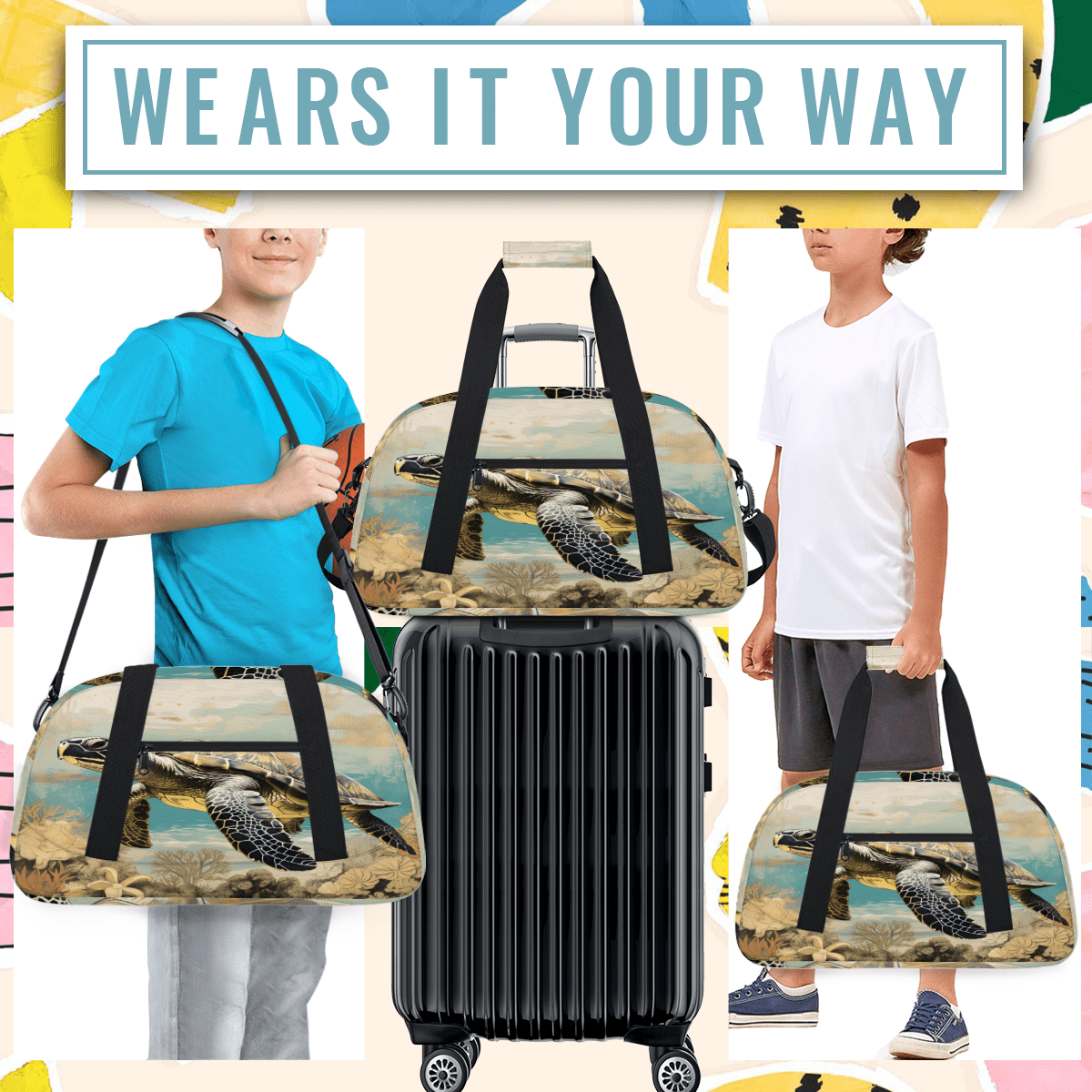 Herdesigns Sea Turtle Sports Duffle Bag for Women & Men, Vintage Sea Turtle Gym Bag Dance Bag Overnight Bag Carry On Weekender Travel Bag