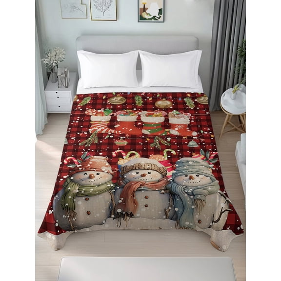 Queen Size Flat Sheet Only,Xmas Snowman Christmas Stocking Soft Top Bed Sheets Breathable Bedding Sheet Winter Snowflakes Red Black Plaid Microfiber Hotel Luxury Top Sheets