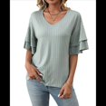 thumbnail image 1 of Blusas Elegantes con Cuello en V para Mujer, de Doble Capa, Mangas Acampanadas, 3/4, Mangas con Volantes, Verde Frijol, L, 1 of 10