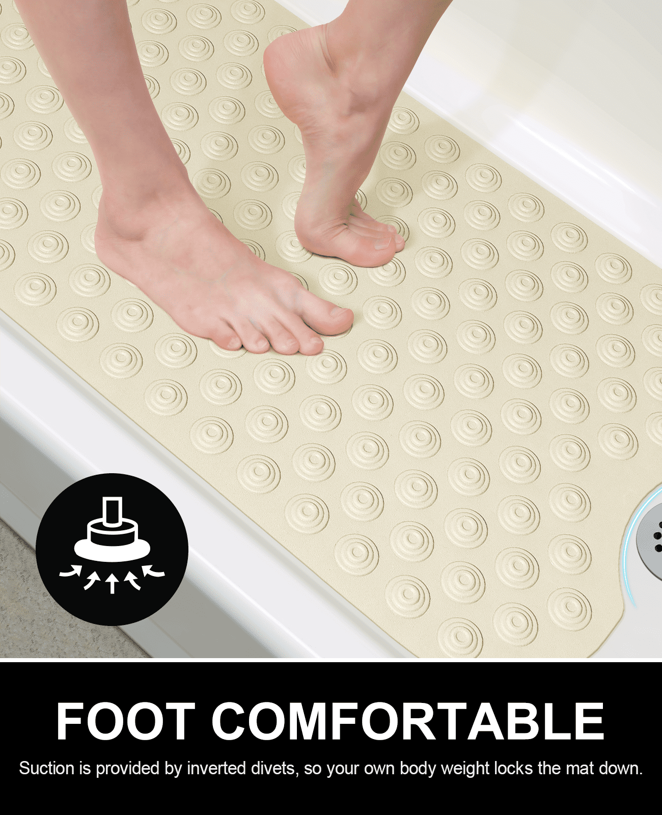 OTHWAY No Suction Cup Bath Mat: 39x16inch Extra Long Bathmat, Machine Washable, Made of Nature Rubber, Protect Your Bathtub (Beige)