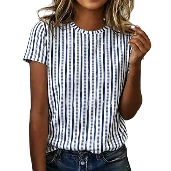 NMMUED Womens Tops Casual Summer T Shirts Striped Shirts for Women Short Sleeve Crew Neck Basic Tees Loose Fit Blouses Trendy Everyday Wear Work Office Outfits Blue L