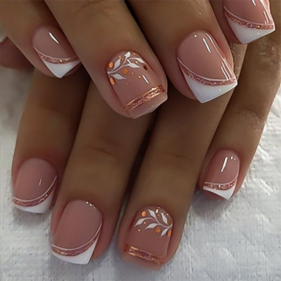 24 Pcs Artificial Nails French Tip Short Square On Nails Glittering False Nails for Party