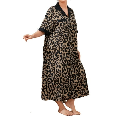 

Casual Leopard Print Lapel Sleepshirts Multicolor Elbow-Length Plus Size Nightgowns & Sleepshirts