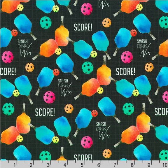 Cotton Pickleball Rackets Paddles Sports Balls Net Score Smash Win Robert Kaufman Cotton Fabric Print by the Yard (ADUD-23666-2)