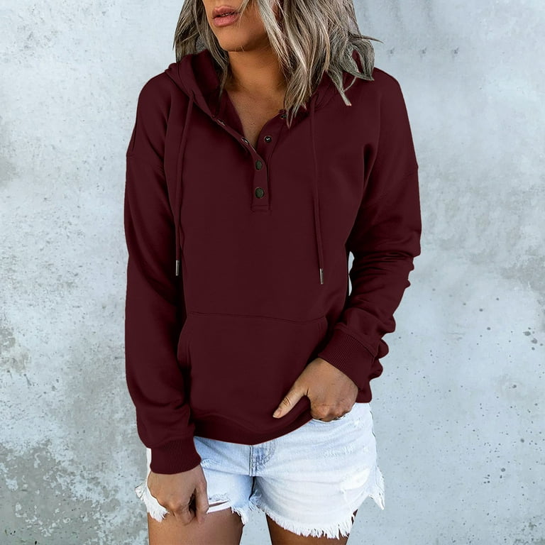 LBECLEY Knitted Hoodie for Women Womens Daily Long Casual for Womens Pocket  Hooded Sweatshirts Pullover Sleeve Button V Hoodies Women's Hoodies