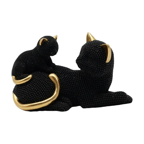 Estatua de gato de madre e hijo Macarena Escultura de resina decorativa Negro