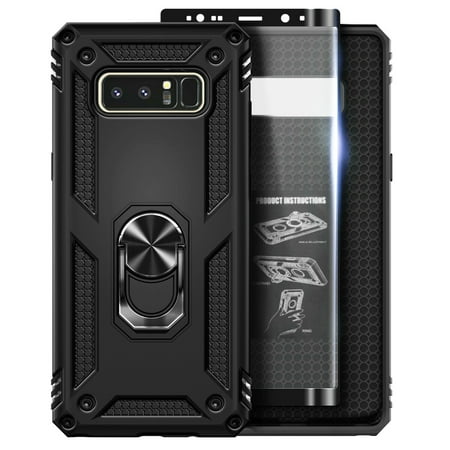 For Samsung Galaxy Note 8 Case with HD Film Screen Protector (Full Coverage), Nagebee Military Armor [Magnetic Ring Holder & Kickstand] Shockproof Protective Cover (Black)