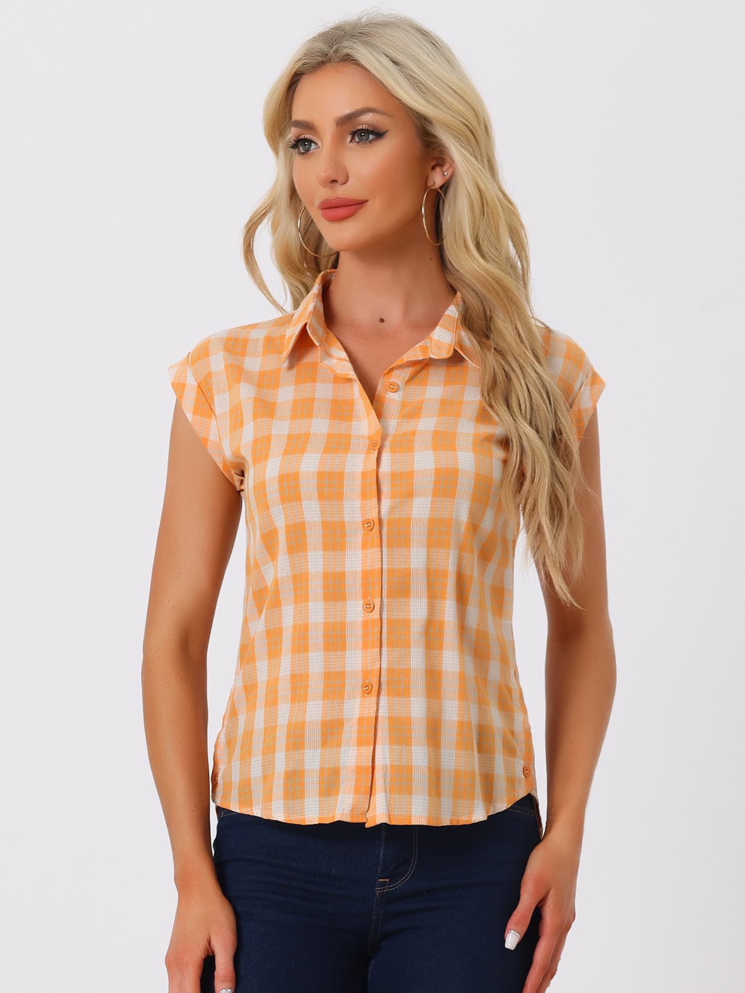 DARING DIVA Women's Summer Plaid Short Sleeves Button Down Shirts M Orange