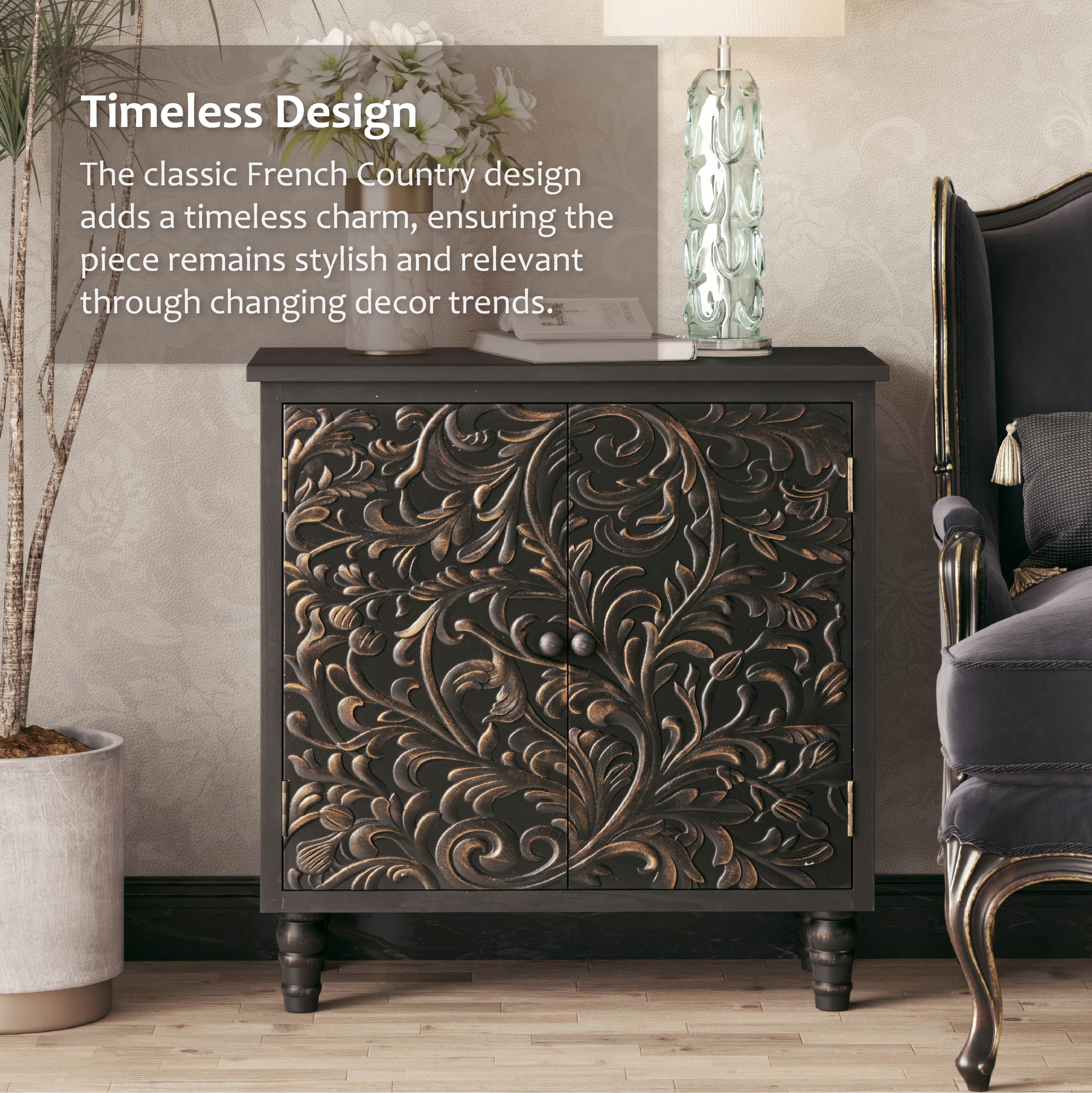 COZAYH 2 Door Farmhouse Storage Cabinet with Embossed Distressed Flower Motif, Vintage Side Table for Living Room, Bedroom, Boho, Black