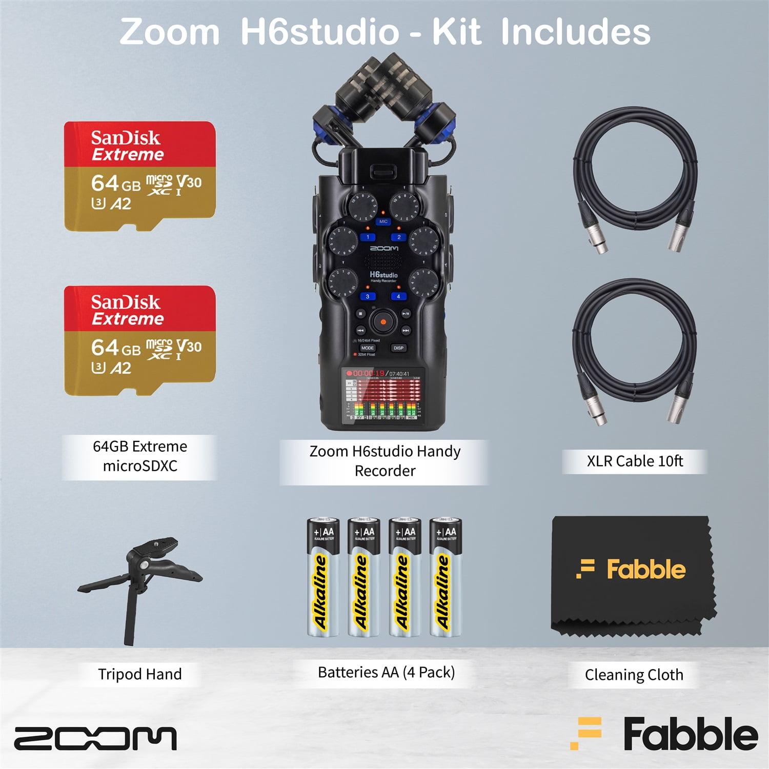 Zoom H6studio Handy Recorder Bundle with 2× 64GB microSDXC Cards, 2× 10ft XLR Cables, 4× AA Batteries, and Table Tripod Hand Grip for Professional Portable Recording Setups
