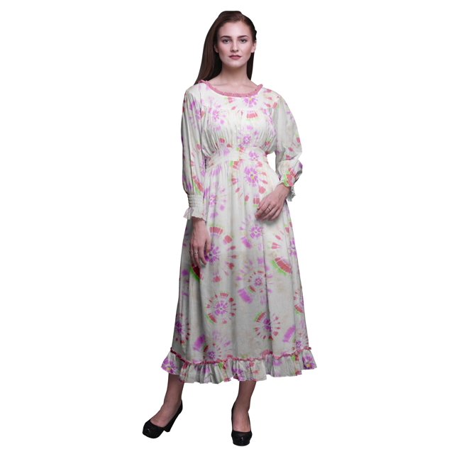 Bimba Robe Maxi à Volants pour Femmes, Teinture sur Nœuds, Manches Bishop, Col Rond, Taille Smockée - Petit