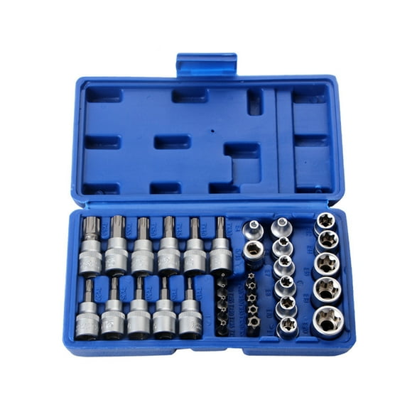 Amdohai 34Pcs E-Torx Sockets Bit Set Male Female E-torx Bits 3/8'' 5/16'' Drive Kit with Storage Box