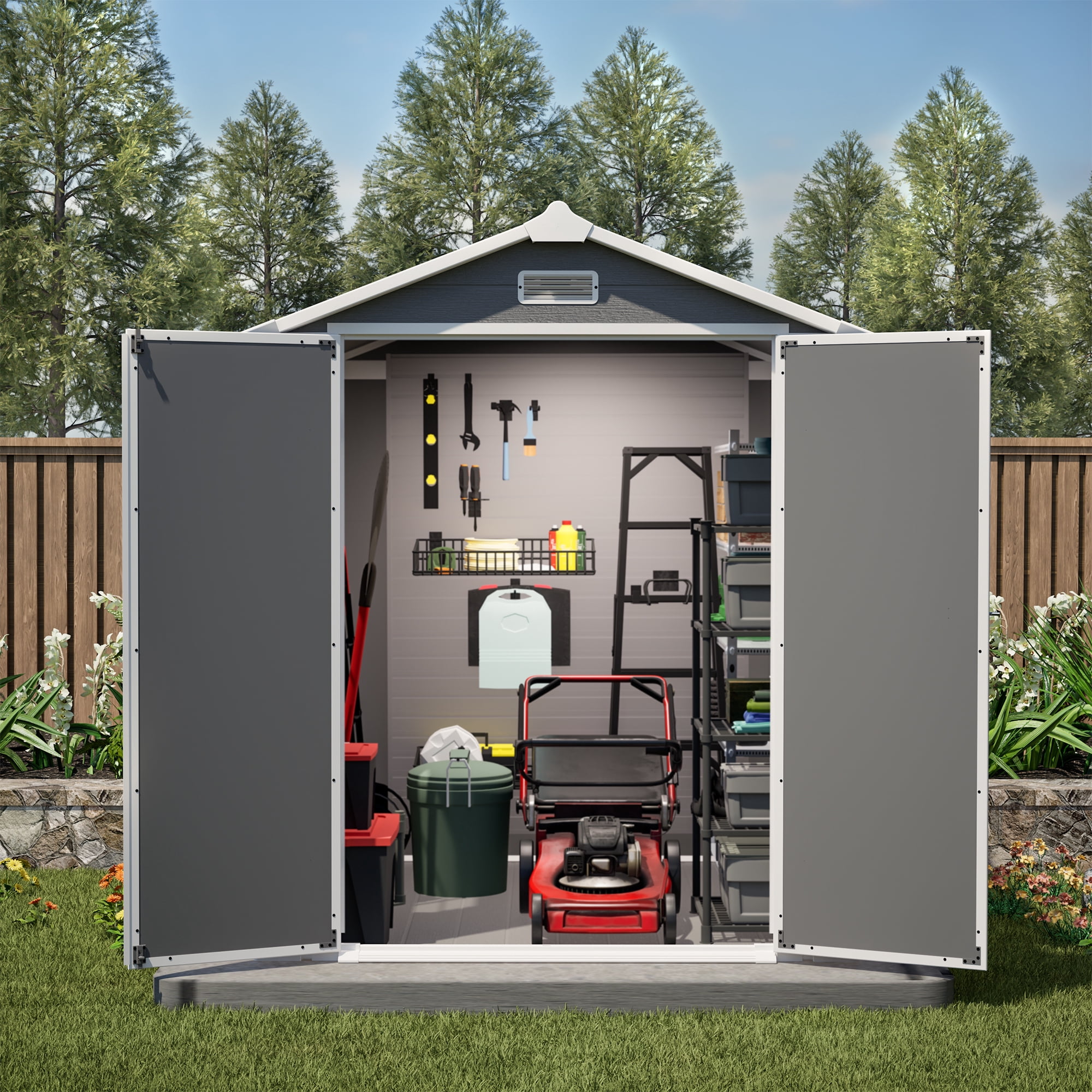 LZBEITEM 6' x 6' Plastic Outdoor Storage Shed with Floor, Resin Tool Shed Heavy Duty with Window and Lockable Door, Colorfast, for Garden Backyard 32 sq.ft