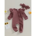 thumbnail image 3 of Musuos Newborn Girl Autumn Jumpsuit 3 6 12M Solid Color Round Neck Flying Sleeve Ruffled Zipper Romper with Bow Headband, 3 of 10