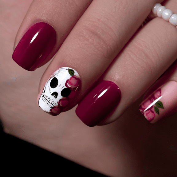 CurvLife Gloom Bud Press-On Nails - 24PCS Short Rounded Square, Gothic Rose Dark Style