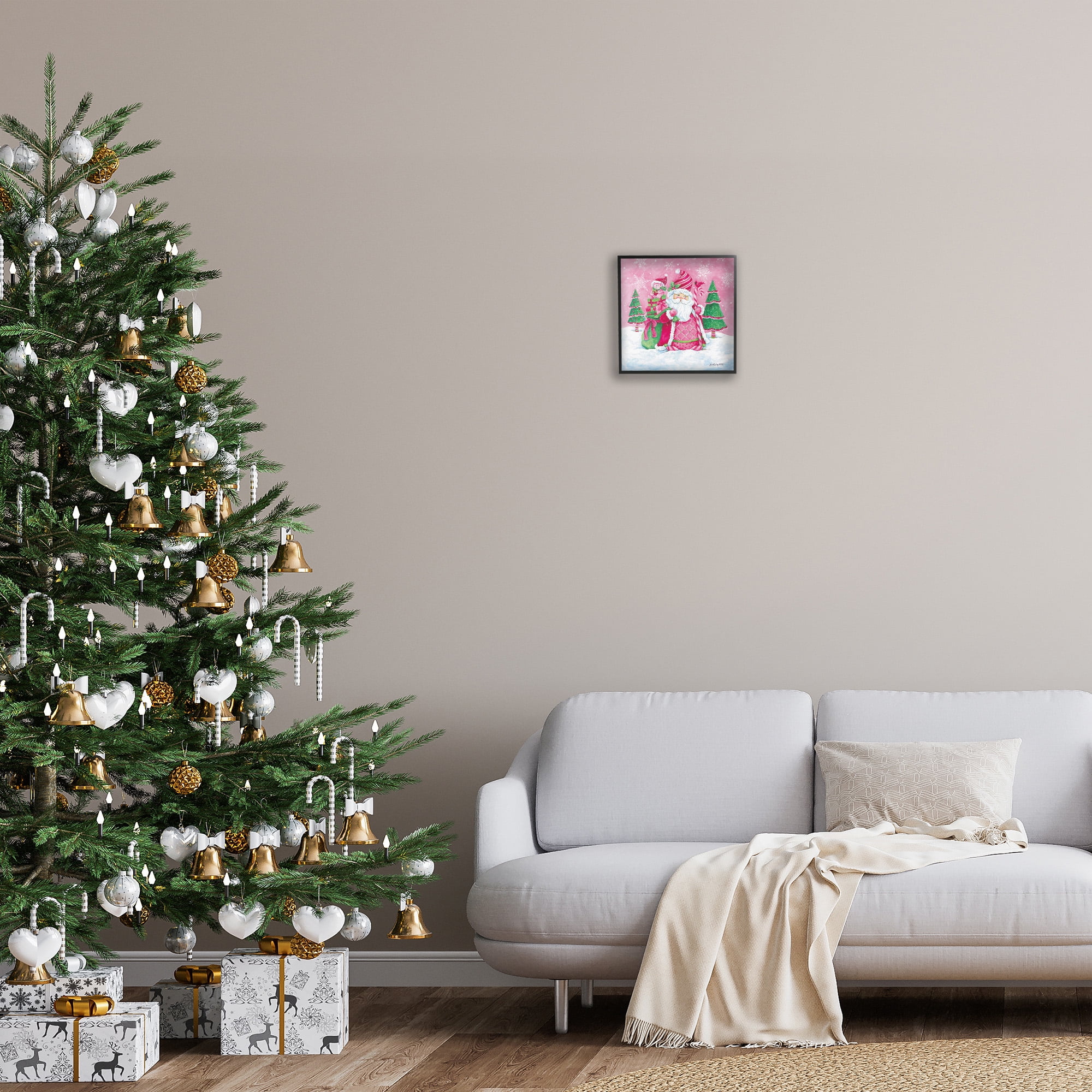 Stupell Industries Pink & Green Santa Scene Holiday Painting Black Framed Art Print Wall Art, 12 x 12