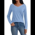 thumbnail image 3 of Camisetas con Cuello en V para Mujer, Blusas de Encaje de Larga, Holgadas, Elegantes e Informales, para Otoño e Invierno, A . Azul L, 3 of 8