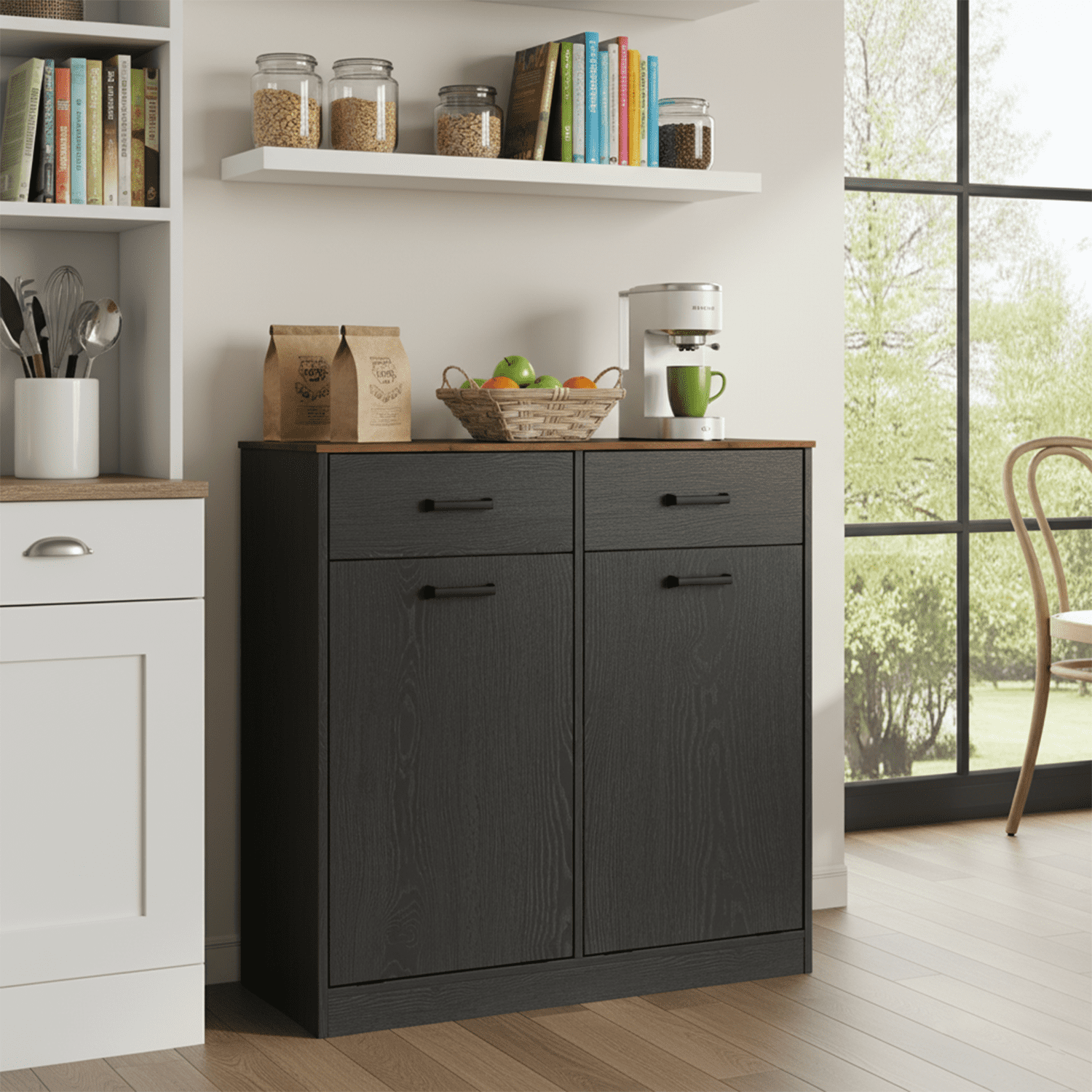 DIYART Farmhouse Double Tilt Out Trash Can Cabinet fits 10 Gallon Trash Bin, Kitchen Recycling Cabinet with 2 Drawers, Hidden Garbage Can Storage for Kitchen & Dining Room, Antique Black