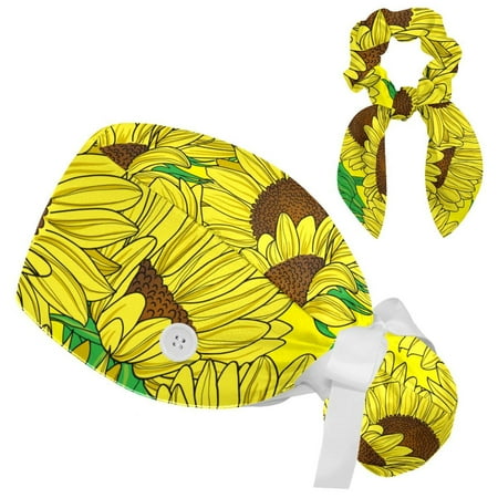 

Working Cap with Buttons and Sweatband Scrub Hat Bouffant Caps with Scrunchie Sunflower Tie Back Hats