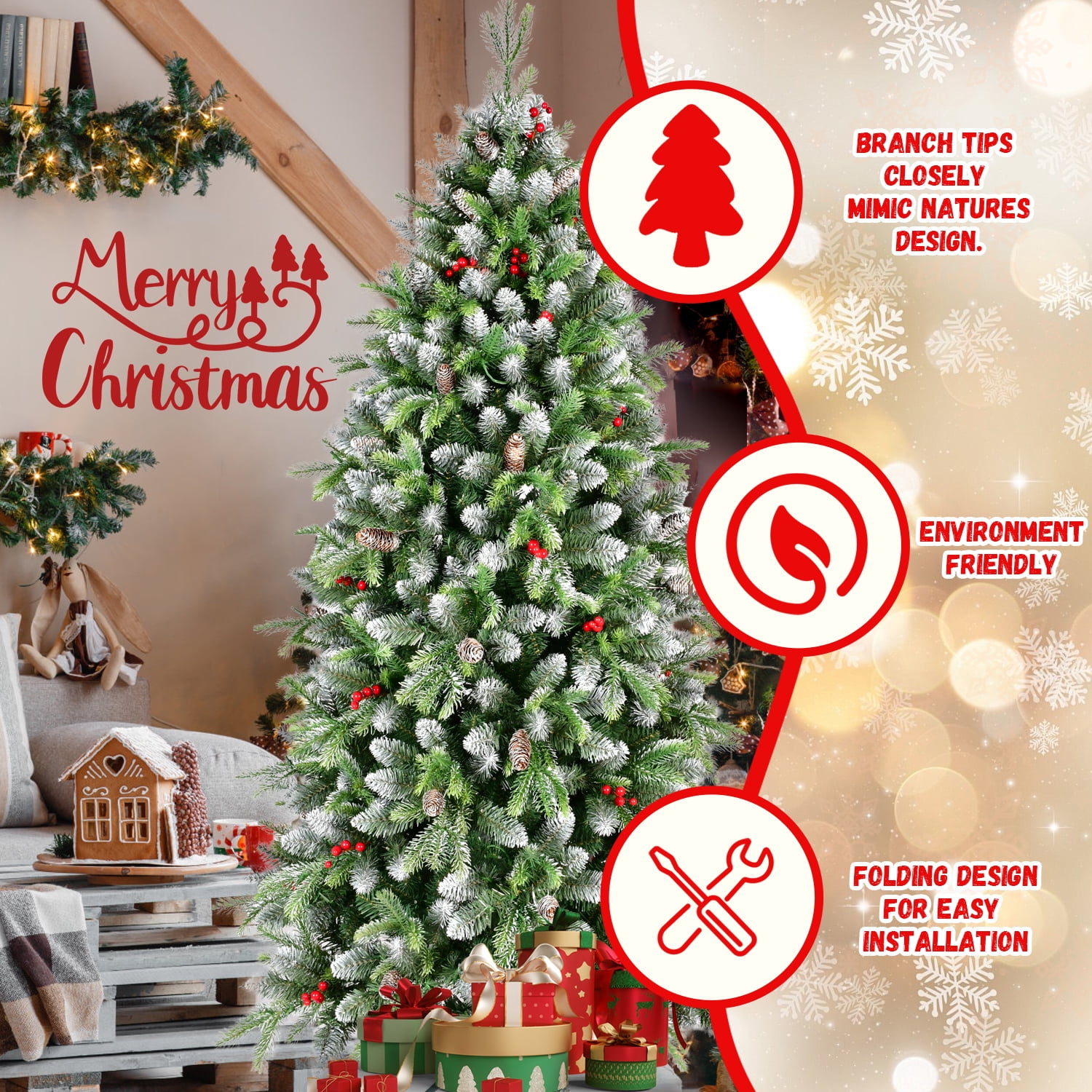 6 Ft Pre-Lit Artificial Christmas Tree with 380 Warm White LED Lights, 1264 Tips, Frosted Greenery with Red Berries & Natural Pinecones, Full Holiday Tree with Sturdy Metal Stand