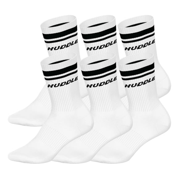 HUDDLE Calcetines Unisex, pack de 6 – Doble raya, logo, crew, calcetines deportivos, color liso Blanco 35-38