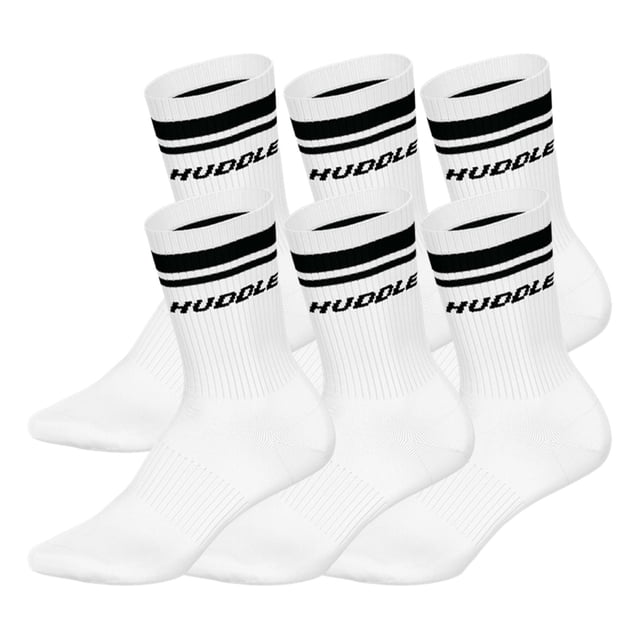 HUDDLE Calcetines Unisex, pack de 6 – Doble raya, logo, crew, calcetines deportivos, color liso Blanco 35-38