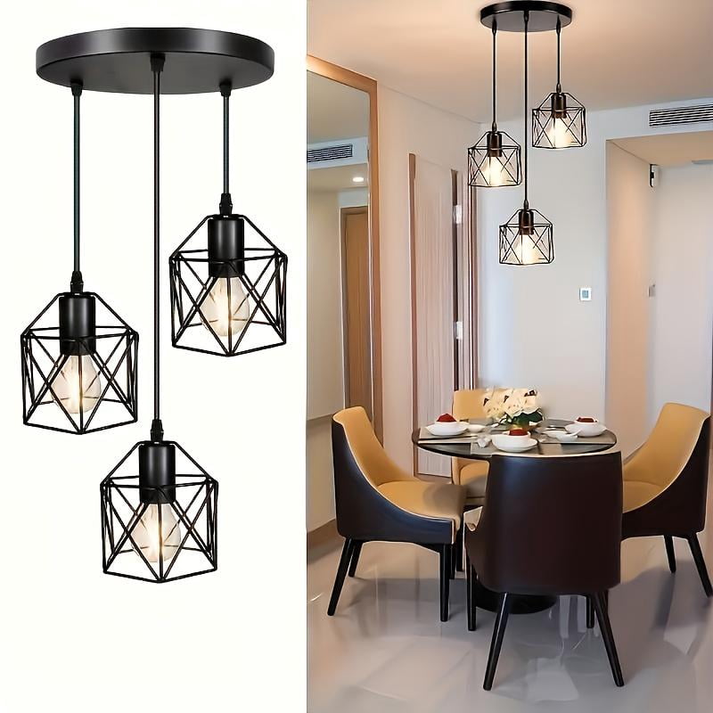 3-Light Pendant Light Fixtures, Farmhouse Kitchen Island Light Fixture, Industrial Hanging Pendant Lighting for Dining Room Bedroom, Black Metal Cage Pendant, E26 Base, Bulbs Not Included