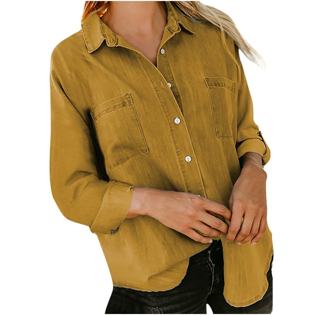 Pompotops Women's Fashion Winter Single Breasted Cardigan Solid Color Denim Shirt Long Sleeve Shirt Tops Clearance