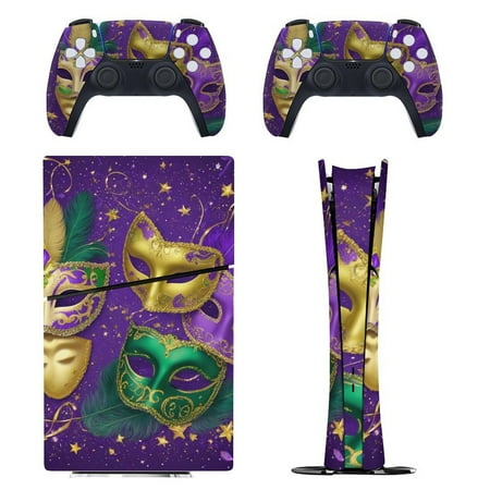 Golden Green Carnival Masks Console Skin Bundle for PS5 Pro Slim Disc & Digital / PS4 - Full Wrap + Dual Controller Flair