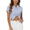 thumbnail image 1 of CAMISA CORTA DE MUJER CON RAYAS Y BOTONES, MANGA CORTA, CON NUDO EN LA PARTE FRONTAL, TALLA XL, AZUL Y BLANCO, 1 of 6