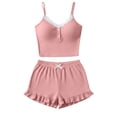 thumbnail image 4 of Bosfbaoi Two Piece Pajama Sets for Women Lace Trim Ribbed Camisole Top and Elastic Waist Ruffle Hem Shorts Sleepwear Loungewear, 4 of 6