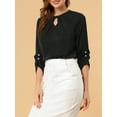 thumbnail image 6 of MODA NOVA Junior's Round Neck Keyhole Pleated Shirred 3/4 Sleeve Blouse Black M, 6 of 7