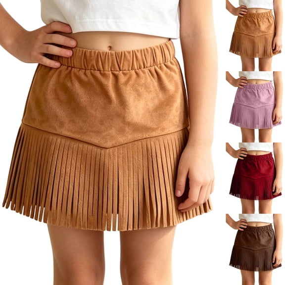 Fozruso Girls Western Cowgirl Fringe Skirts, High Waist Mini Skirt Boho Tassel Skirt for Hallowee Party Concert Daily Wear(Brown)