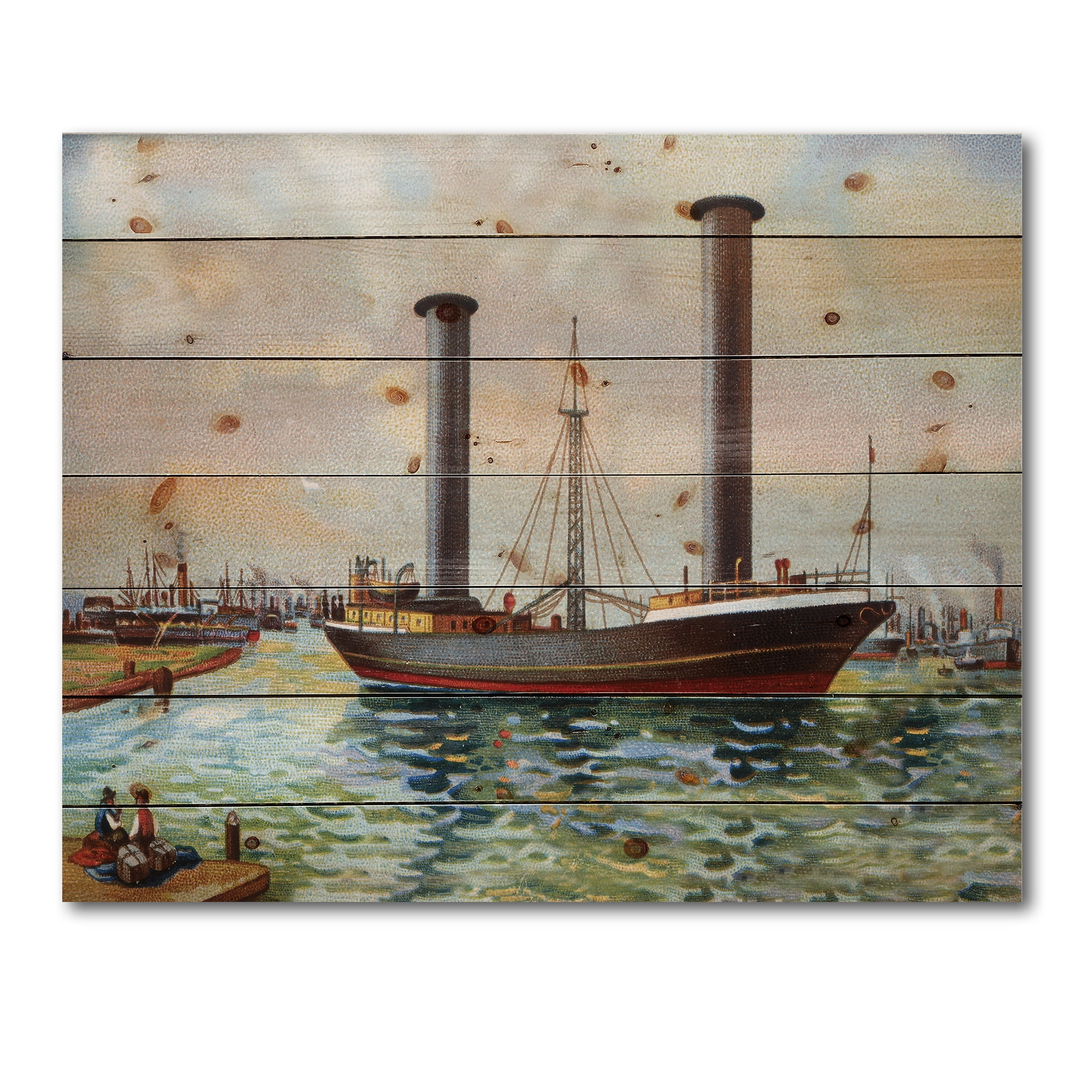 Designart 'The Ancient Boat Leaving The Harbor' Nautical & Coastal Print on Natural Pine Wood