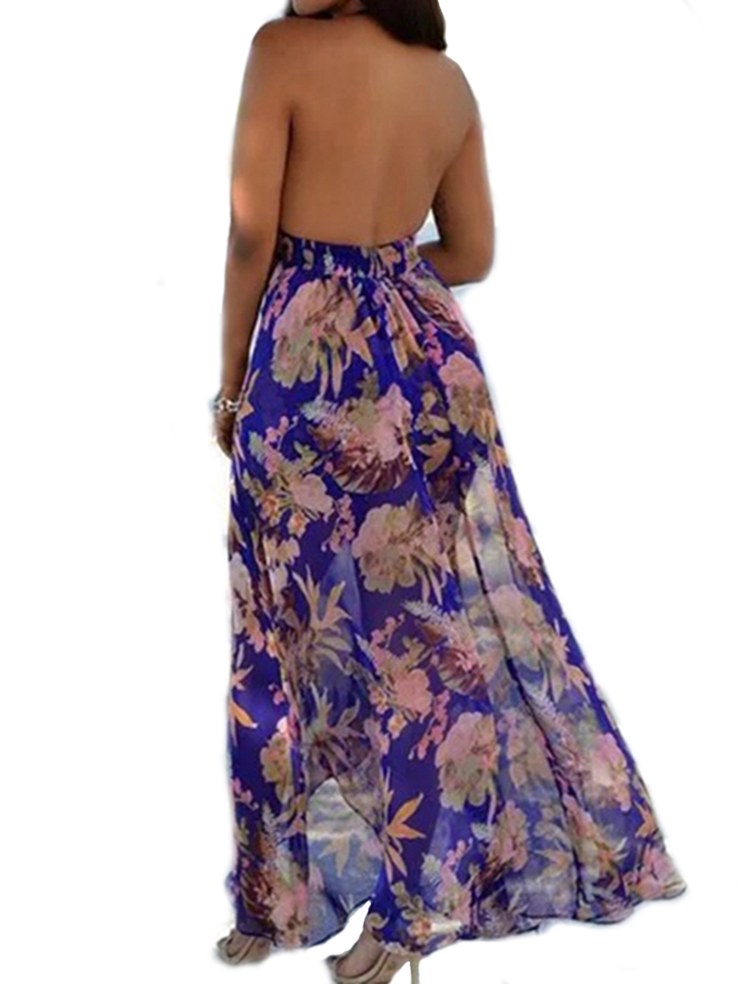 Women Sleeveless Halter V Neck Summer Party Romper Dress Floral Print Long  Split Maxi Playsuit Jumpsuit Beach Sunress 