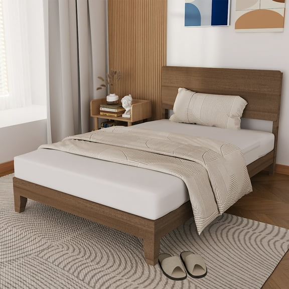 Zimtown Twin Bed Frame,Solid Pine Wood Platform Bed with Headboard, Rustic Walnut