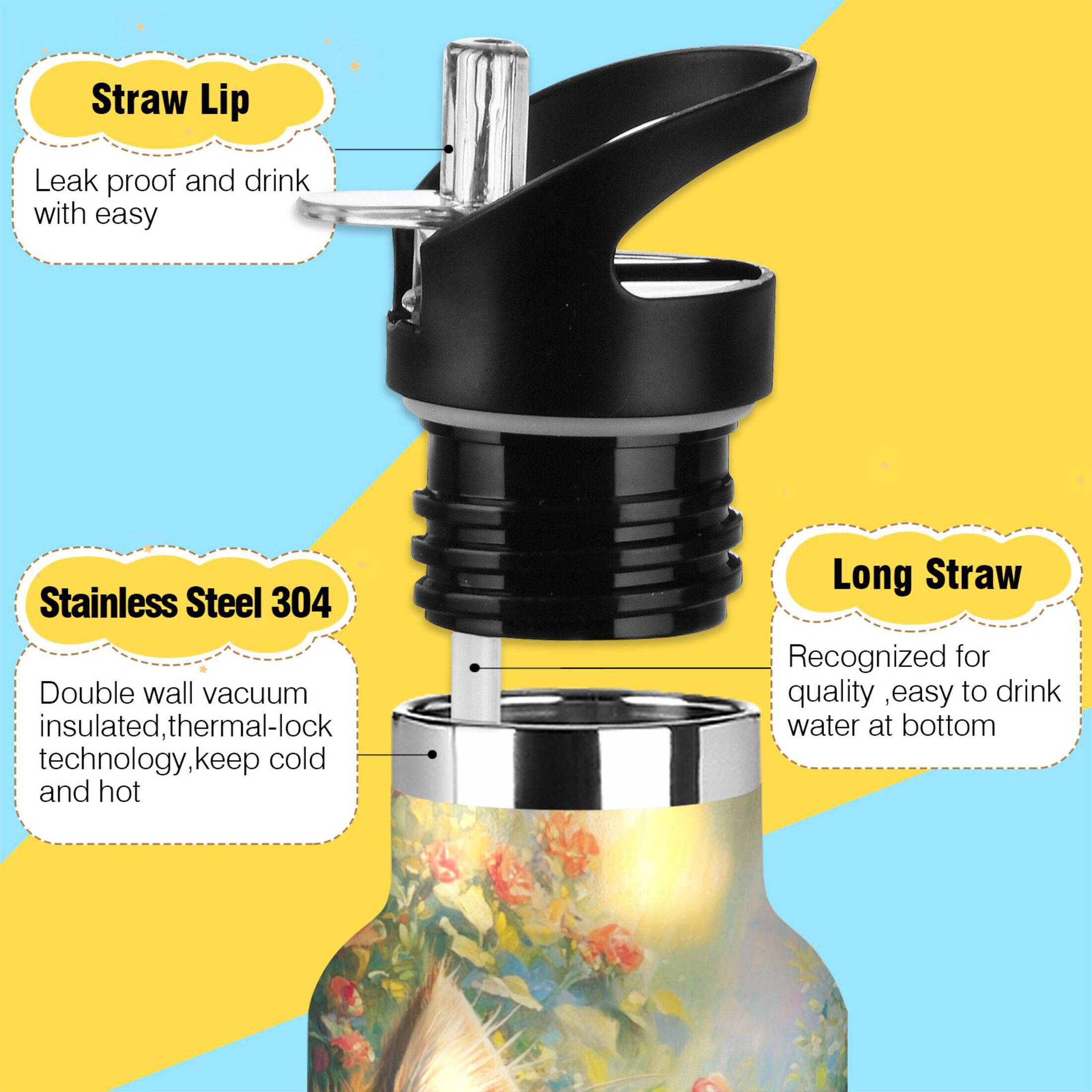 600ML Stainless Steel Insulated Cup Sports Water Bottle Portable Thermos Cup Water Glasses Insulated Tumblers Convenient and Durable Flowers and Lovely Cat