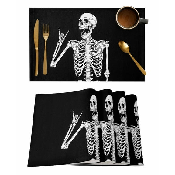 Funny Skeleton Placemats Set of 4 Black Skull Horror Night Abstract Art Heat Insulation Washable Place Mats, Rustic Non-Slip Table Mats for Dining Table Party Kitchen Decor,13x19 Inch