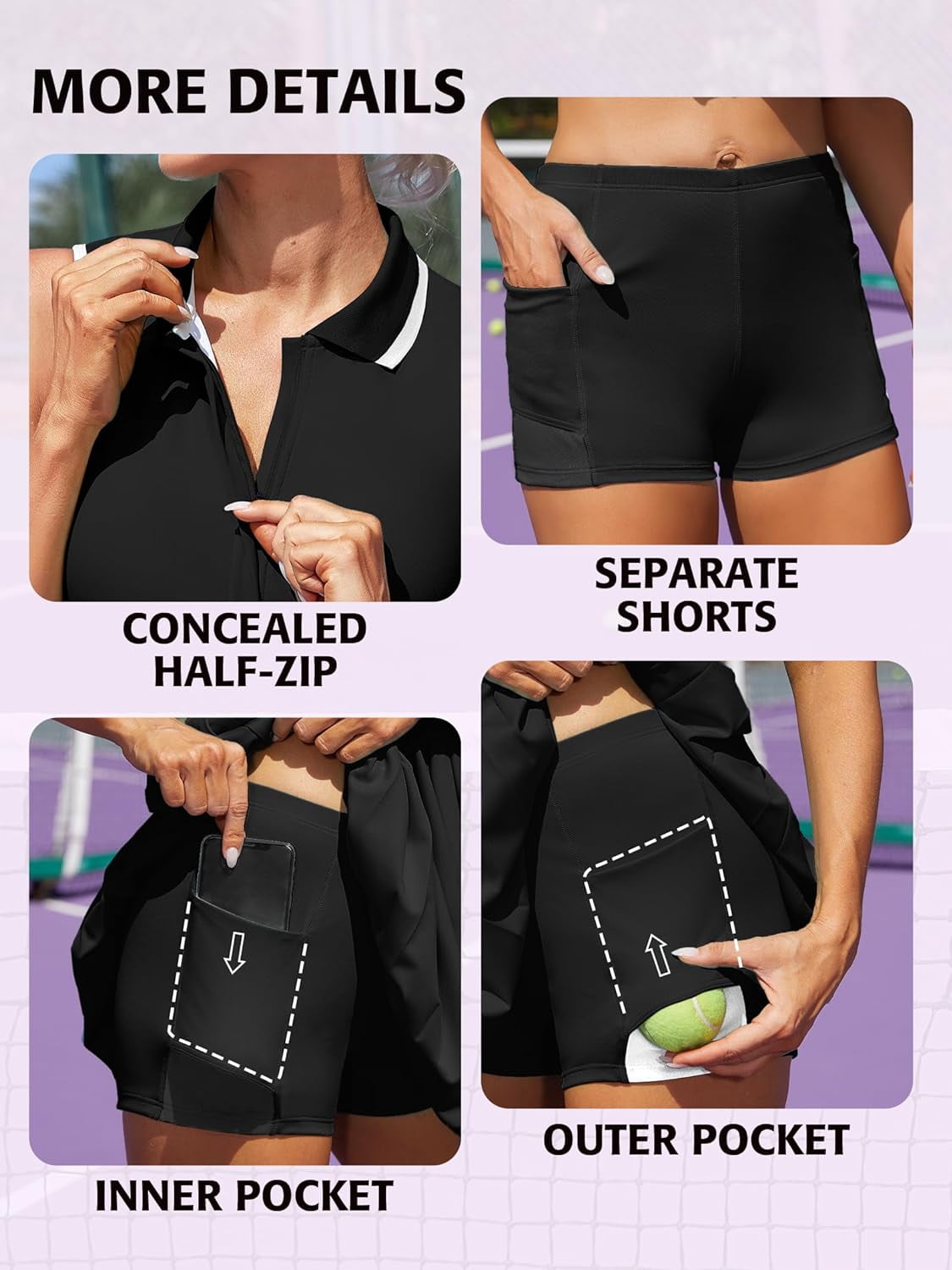ALove Womens Tennis Outfit Academic Style Tennis Dresses Ribbed Polo Tennis Dress Half Zip Pleated Workout Dress with Built in Shorts and Bra
