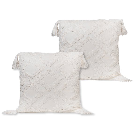 Sol Living Decorative Pillows 2-Pack Throw Pillows Couch Pillows Bedroom Throw Pillows Bed Macrame Decor Boho Pillows Decorative Sofa Pillows Living Room, 18 x 18 inches, White with Tassels