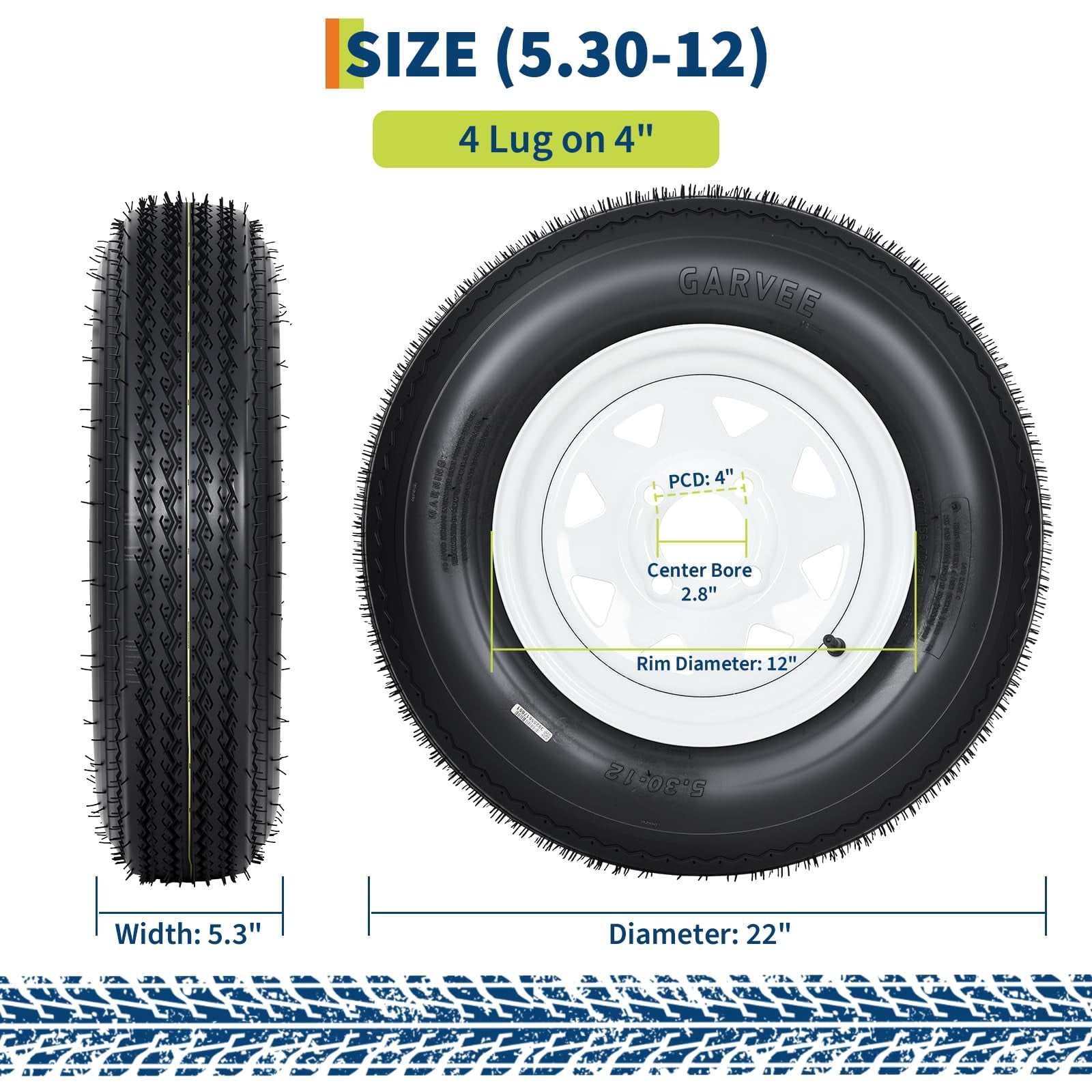 5.30-12 5.30x12 530-12 Trailer Tire and Wheel Assembly, Heavy-Duty Load Range C 6PR, 4 Lug, 12 Inch White Wheel for Utility/Boat/Camper Trailers, Set of 2