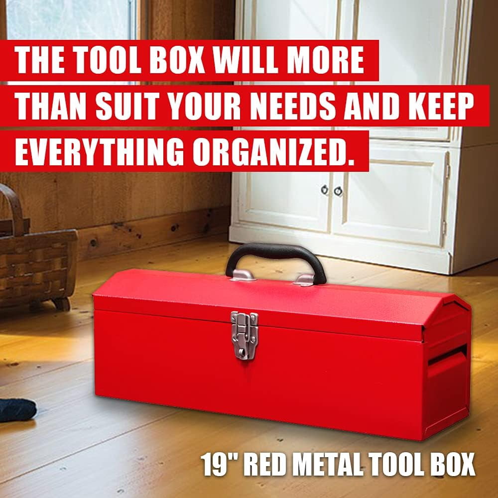HPDMC Metal Tool Box Set of 2 - 19" Heavy Duty Steel Toolbox with Metal Latch - Portable Hip Roof Style Mechanic Tool Boxes for Car, Truck, Tractor & Home - Red