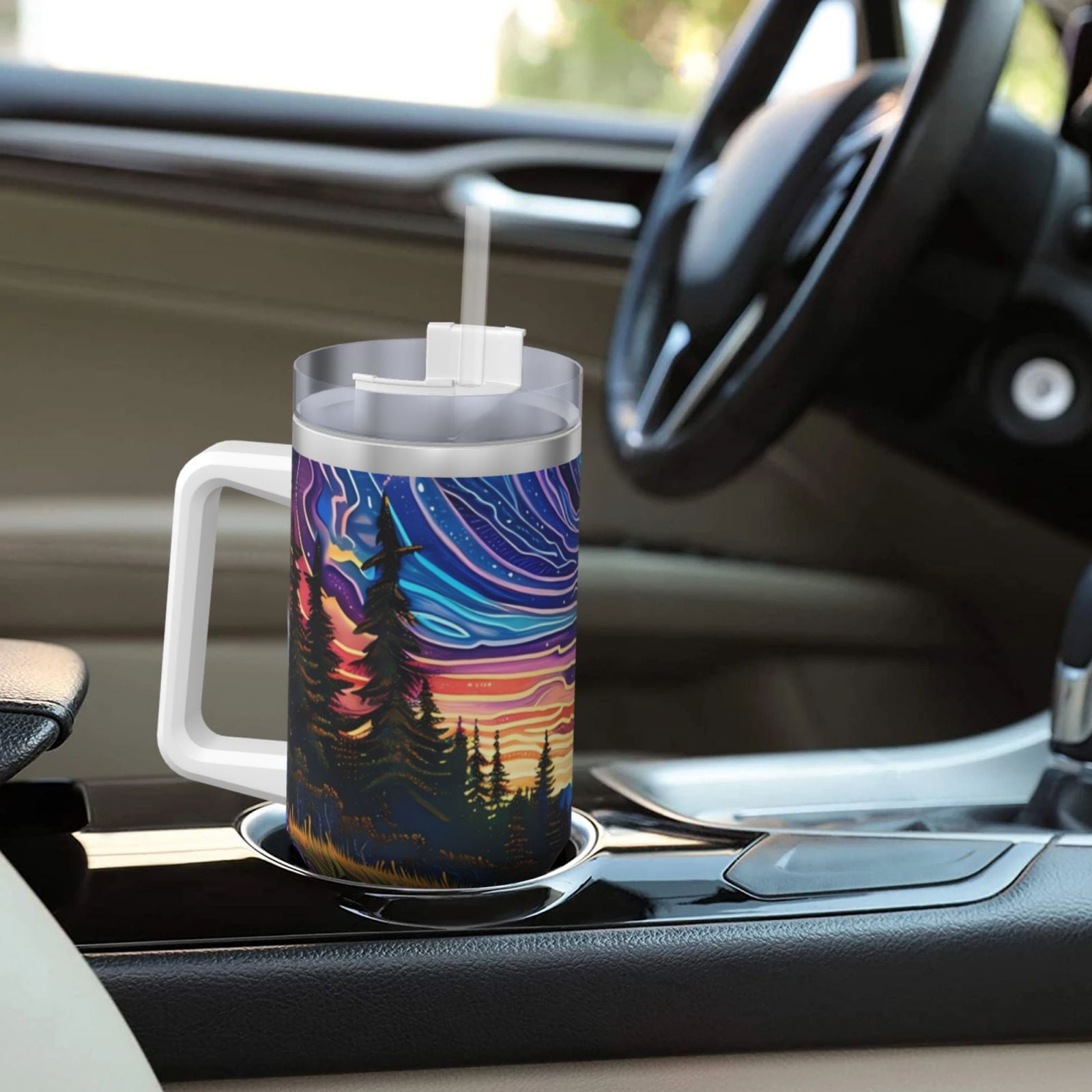 Vsdgher Galactic Night Over Meadow Pattern 40 oz Tumbler with Handle and Straw Lid | Insulated Cup Reusable Stainless Steel Water Bottle Travel Mug | Gifts for Women Men Him Her