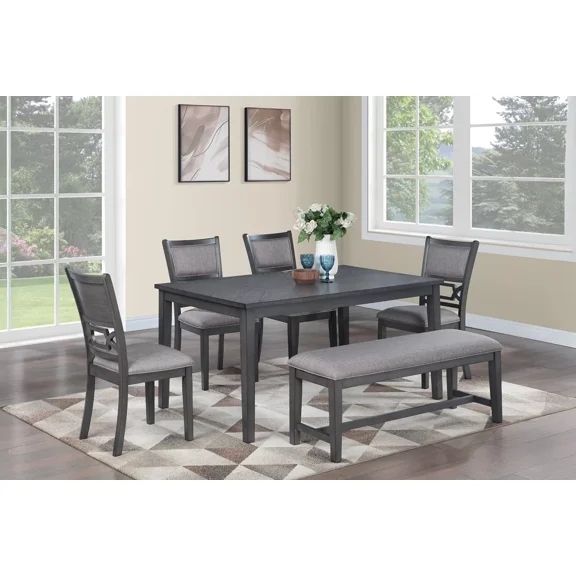 Comfort Elegance Gray Color 6pc Dining Set Contemporary Dining Table 4x Chairs 1x Bench Upholstered Seat Dining Room